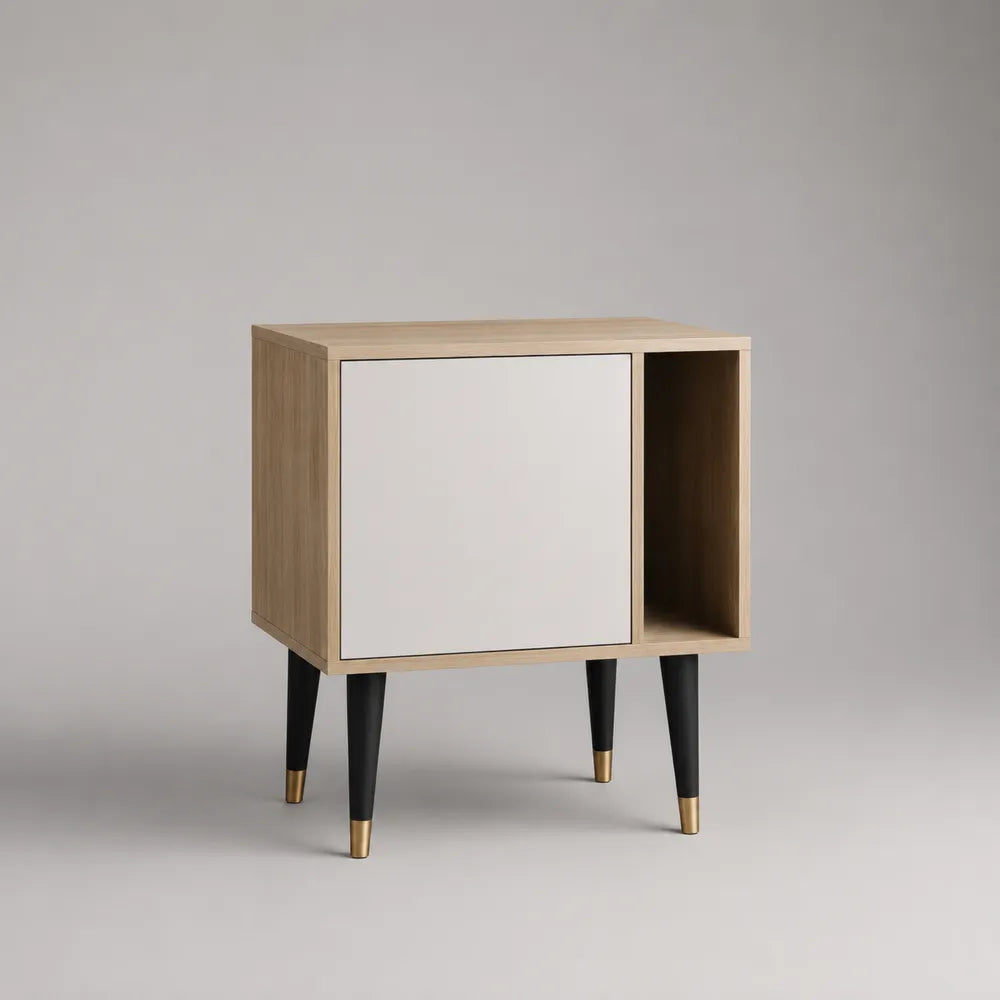 Table de chevet en MDF effet bois avec porte et niche blanche 60 x 35 x 60 cm