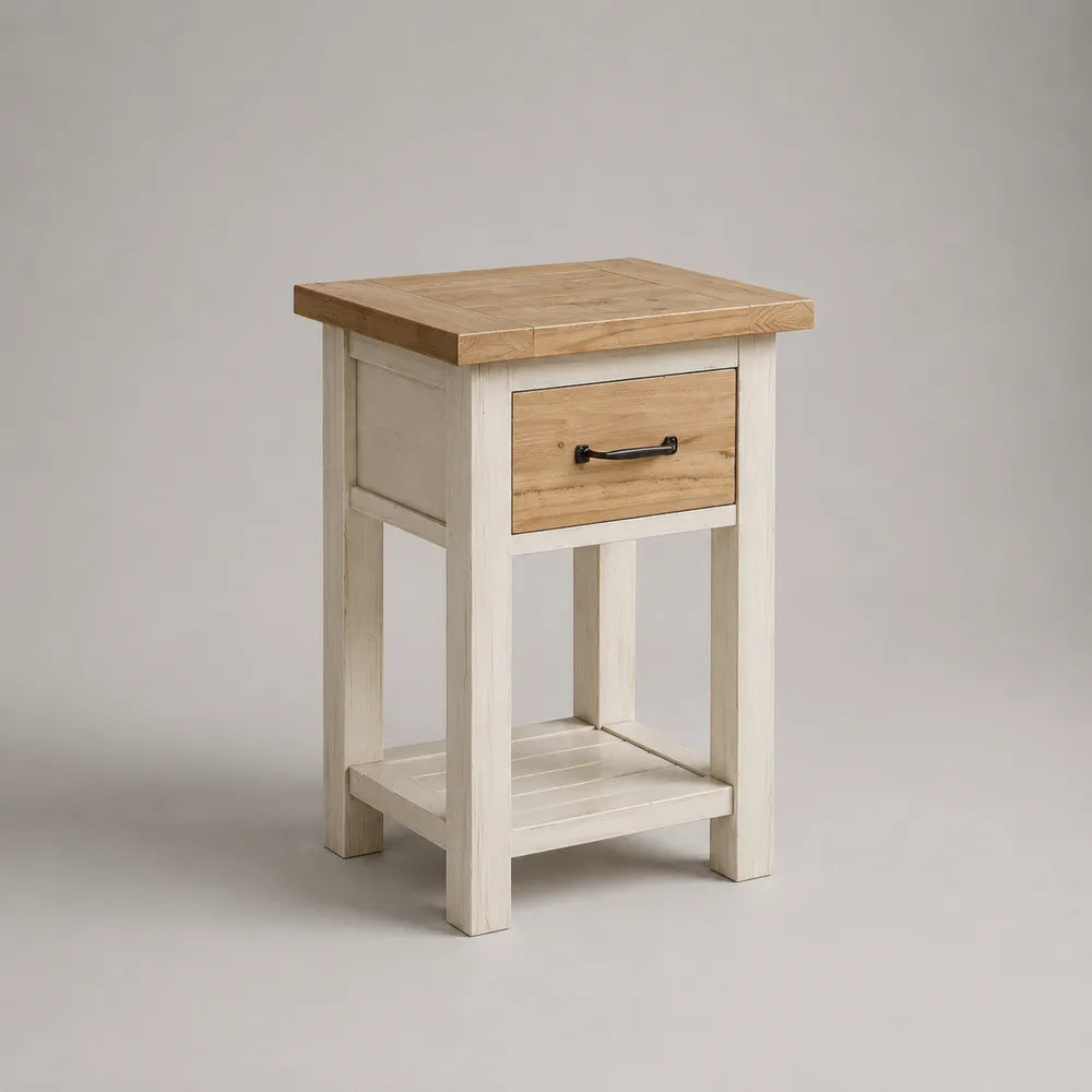 Table de chevet en bois blanc et naturel avec tiroir et étagère ouverte 45 x 35 x 65 cm