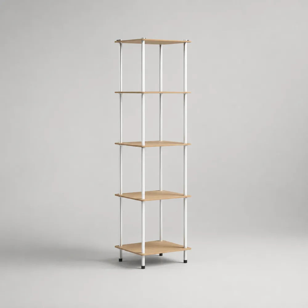 Bibliothèque colonne ouverte avec étagères en MDF effet bois structure acier blanc beige 45 x 35 x 180 cm