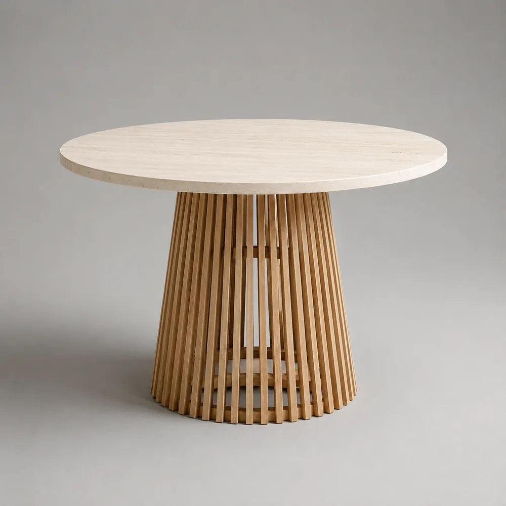 Table à manger ronde 120 cm en travertin beige avec piètement conique en bois