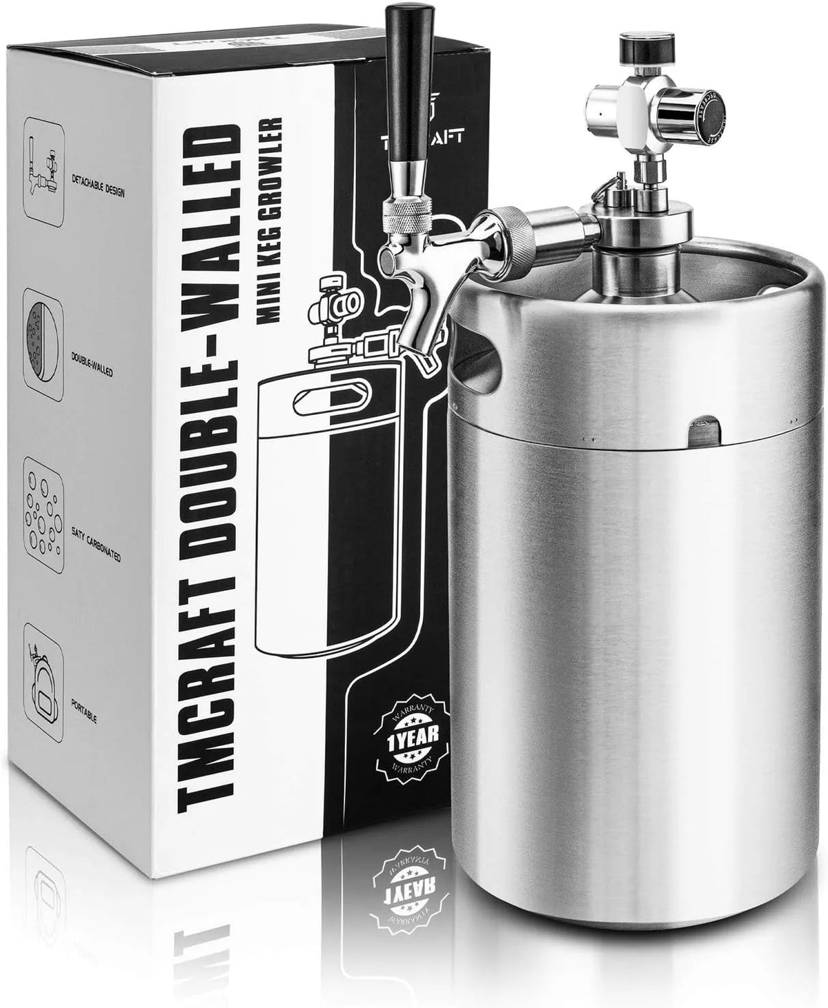 Distributeur de bière domestique à double paroi TMCRAFT Mini, avec robinet amovible et régulateur pour conserver la fraîcheur et le carbonation