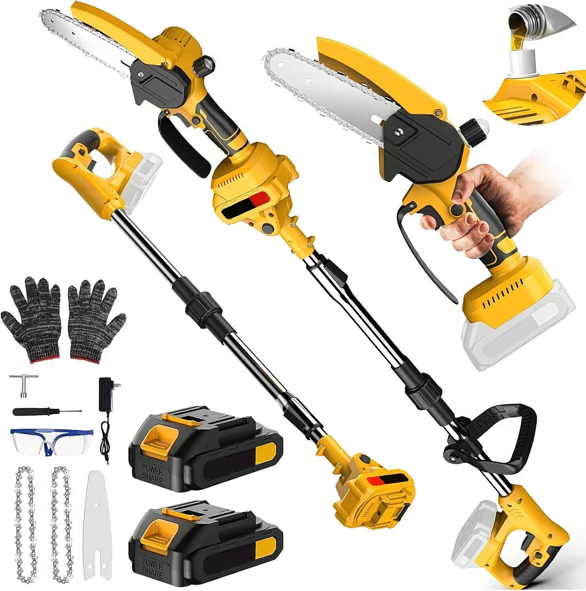 Tronçonneuse, Elagueuse sur Perche sans Fil 21V, à Batterie 6 Pouces avec 2× 2.0Ah Batteries, Moteur Brushless, pour Branches et Jardin