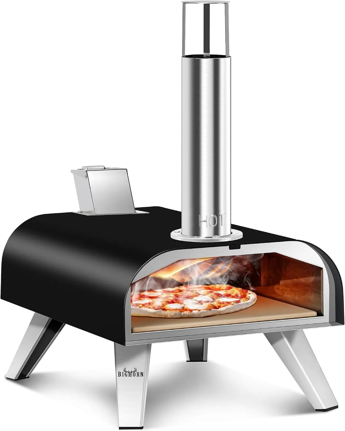 Four BIG HORN OUTDOORS, Pour Camping, à Pizza Extérieur 30,5 cm avec Pierre à Pizza, à Granulés de Bois Portable, finition noire