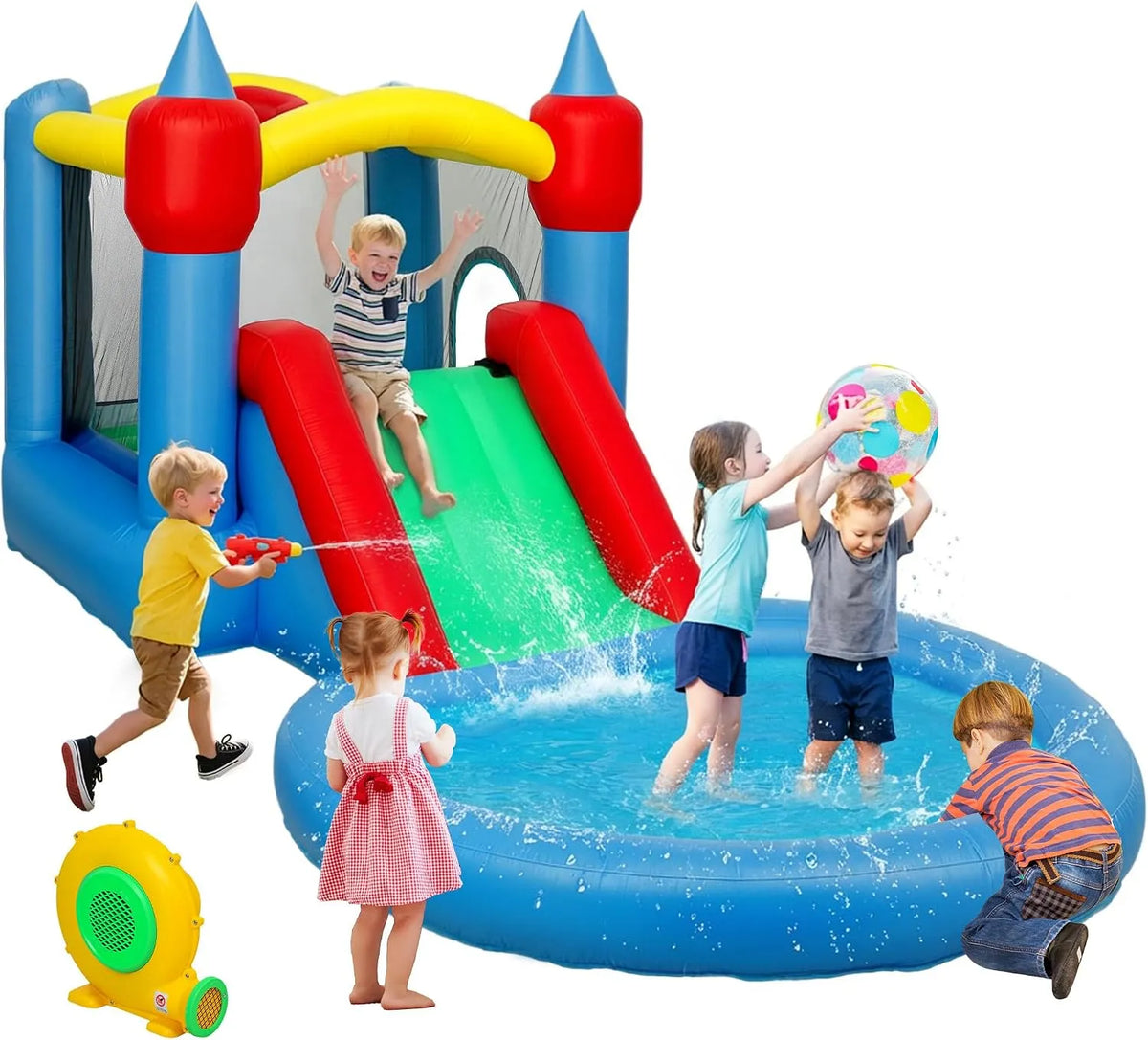 Gonflable avec soufflerie 4 en 1 Structure Gonflable AIYAPLAY Château, jusqu'à 3 Enfants 3-8 Ans, Trampoline, Piscine à balles, toboggans