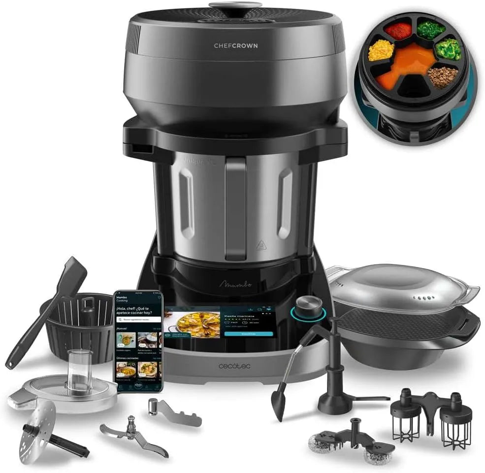 Cecotec robot de cuisine, 45 Fonctions, Recettes Guidées, Multifonction avec Distributeur d'Aliments Mambo CooKing Unique. 2200 W