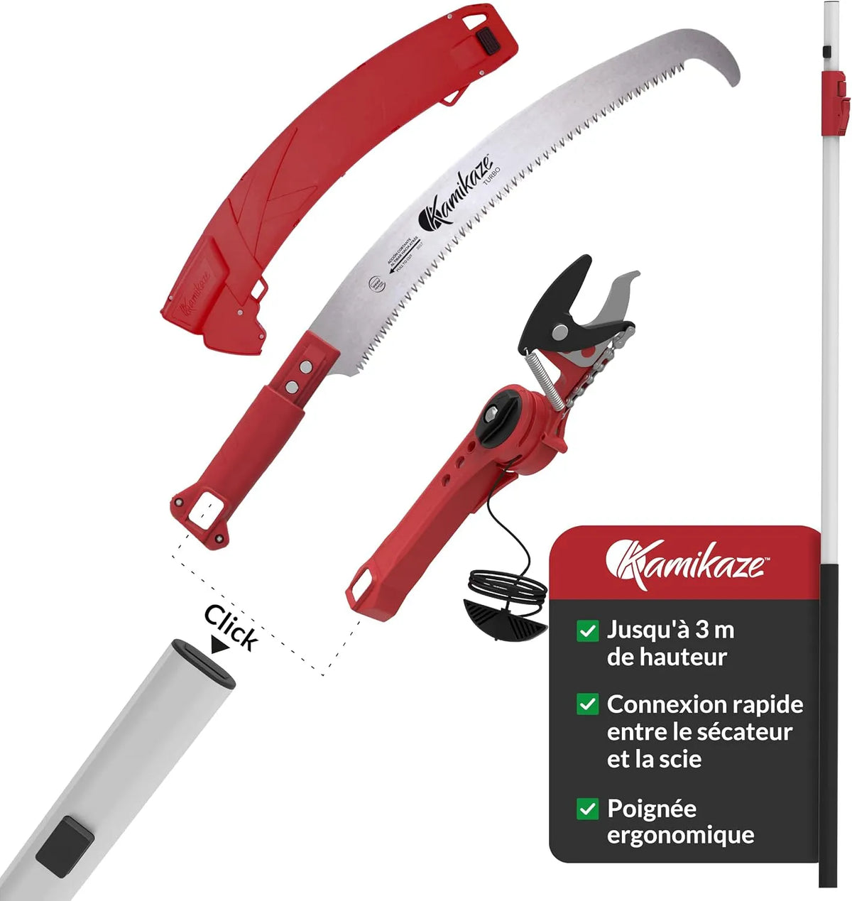 Modèle d'Élagage en Hauteur 2 de en1 Kamikaze Kit, dimensions 3 x 1m, Tête Rotative, Compatible avec Outils Wolf, Attache Rapide