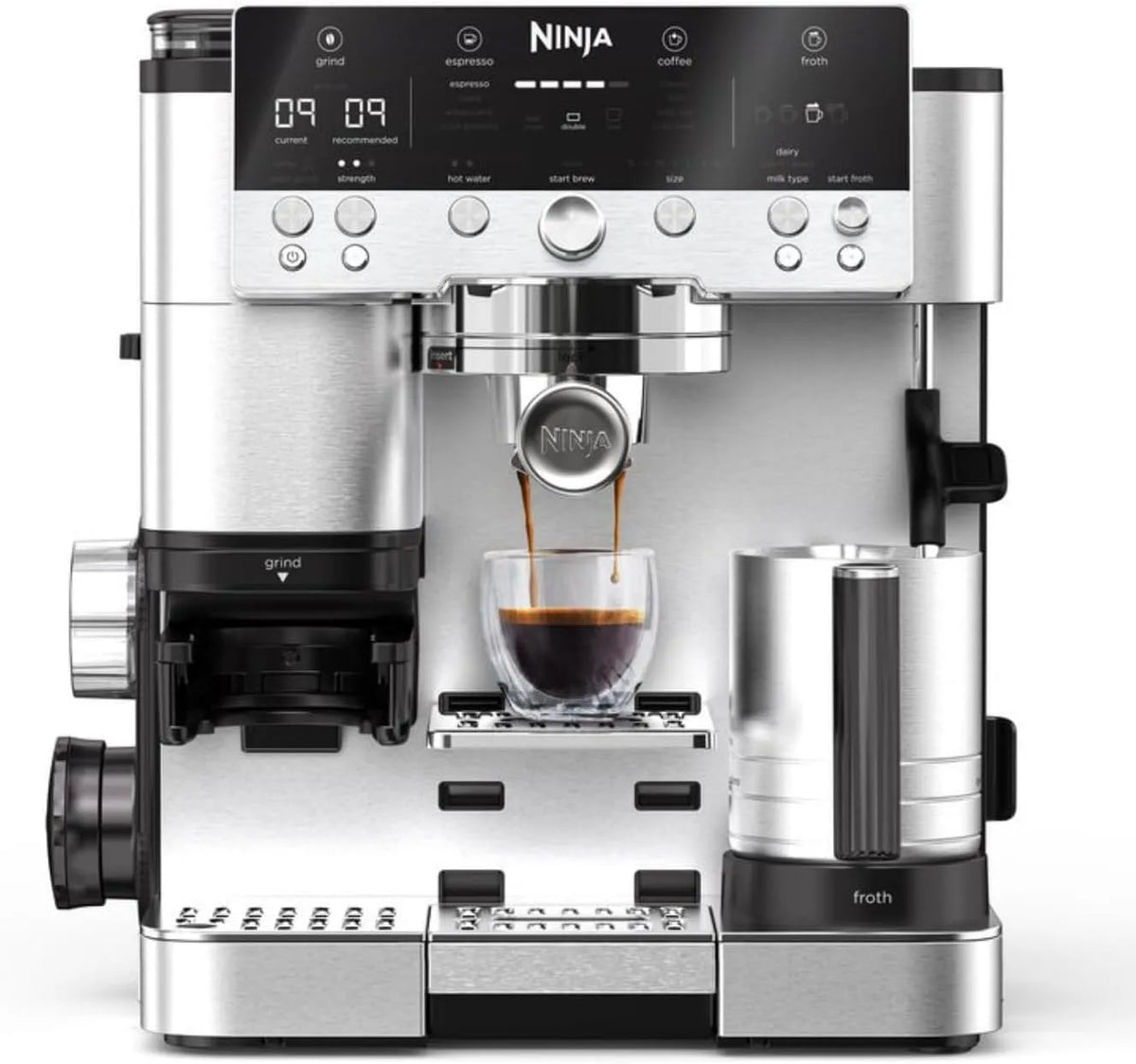 Ninja machine à café ES601EU, Luxe Premier 3-en-1, Latte, 4 préréglages mousse, Cappuccino, facile à utiliser, finition argenté