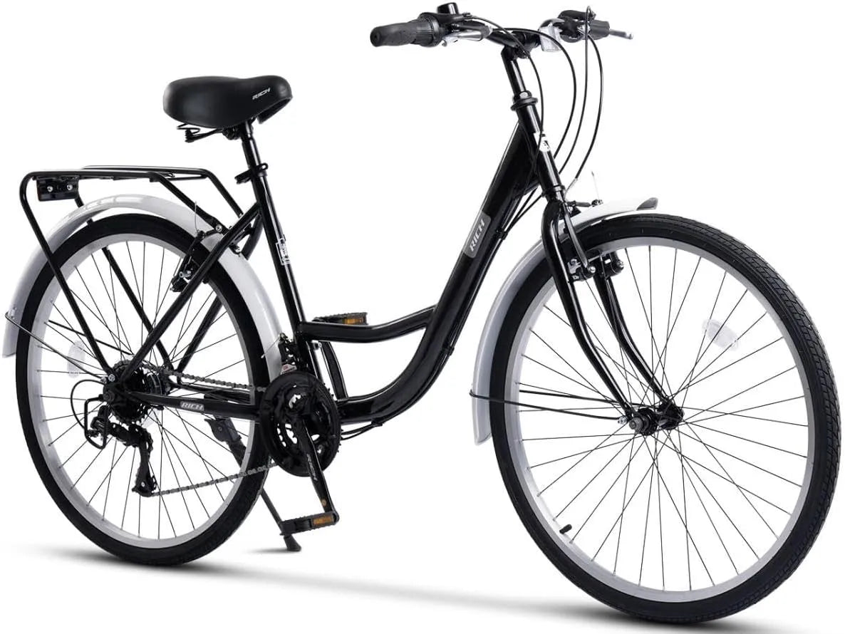 Vélo, charge de 120 kg, 95 % pré-monté, de trekking avec porte-bagages et garde-boue, finition noire, dérailleur 21 niveaux de vitesse, frein en V