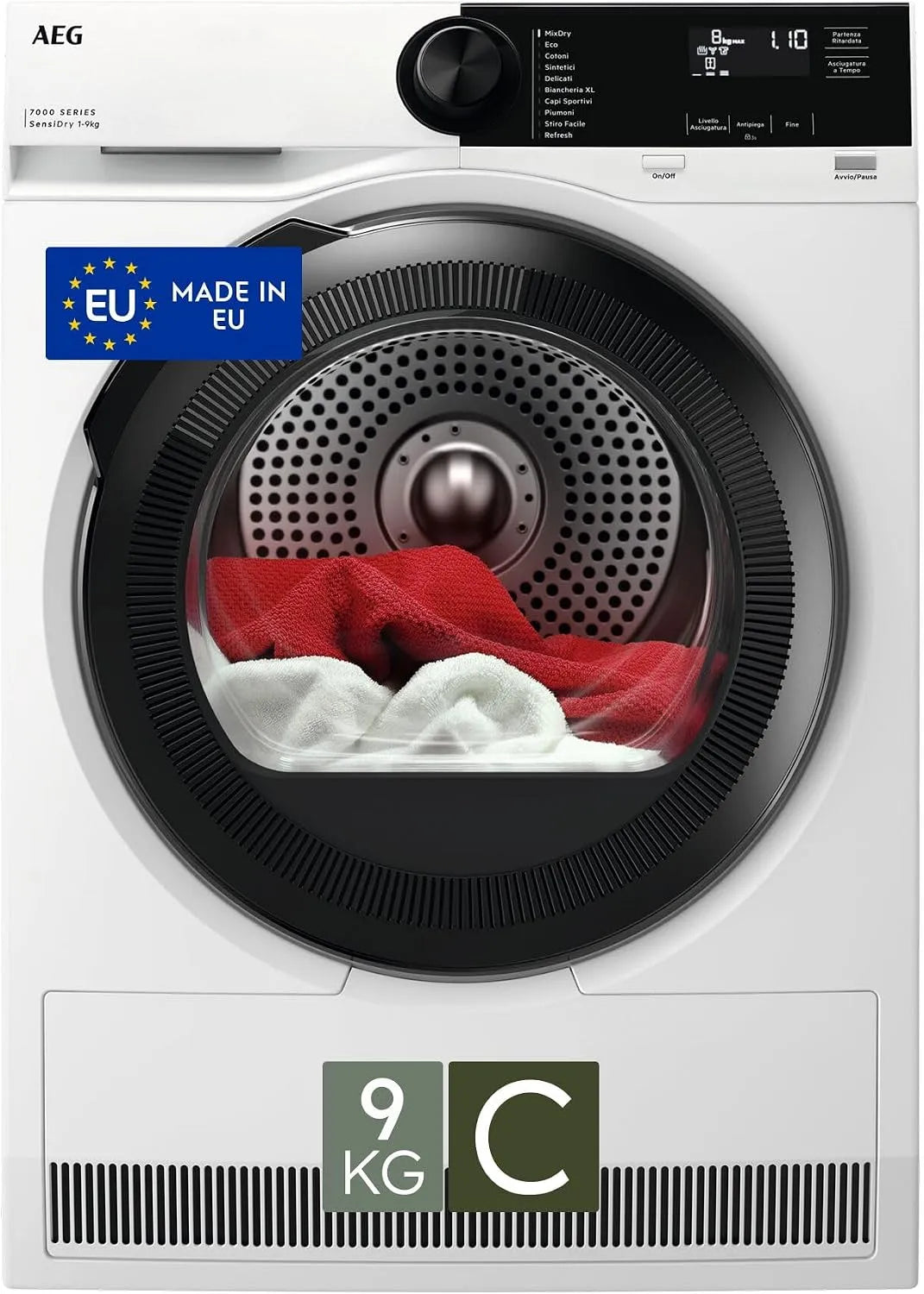 AEG pompe 7000 TR7HE9C, poids 9 kg, 64 dB, dimensions 850 x 596 x 636 mm, Série, Séchoir à à chaleur, technologie SensiDry, classe énergétique C