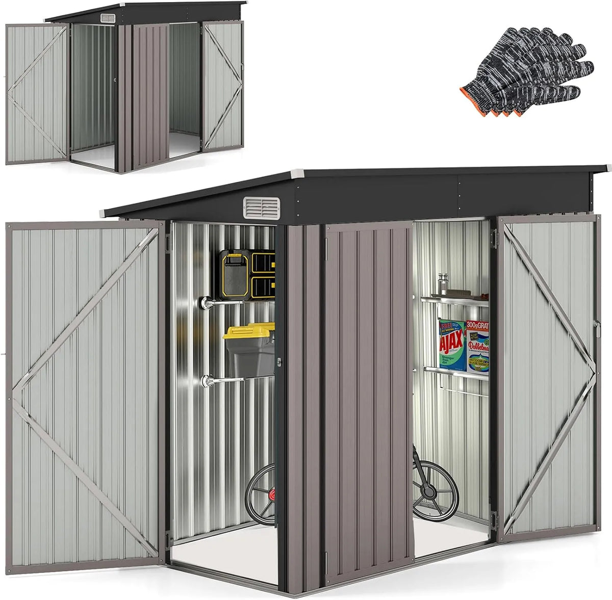 Abri de jardin RELAX4LIFE, Cabane à Outils Cabanon Résistant aux intempéries pour Poubelles Extérieur, 5M³, finition grise Clair