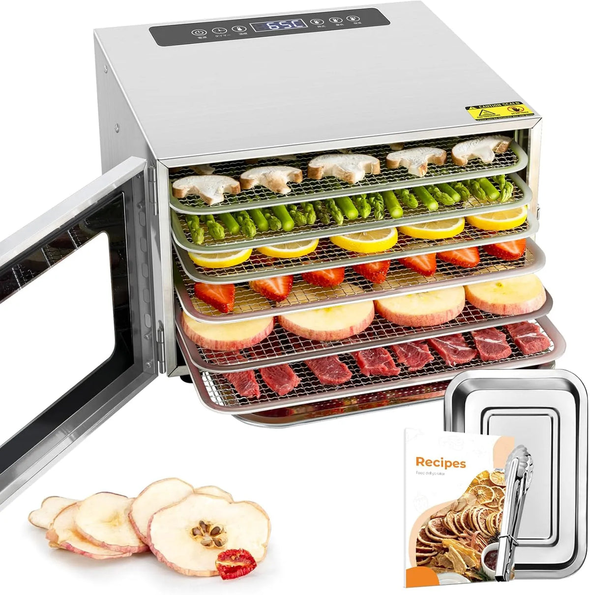 Modèle Aliment 24H Kwasyo Deshydrateur, Déshydrateur Inox 6 Étages, Température réglable 30℃-90℃, puissance 400W, Légumes, avec Minuteur, Fruits