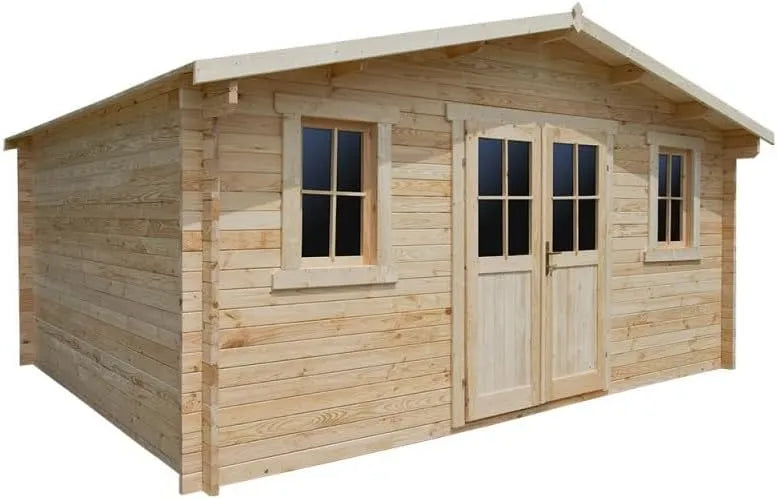 Abri de jardin, Toiture Bois avec Feutre Bitumé, Bois Massif 19,8m², Double Rainurage 40mm, Double Porte Semi-Vitrée et Fenêtres