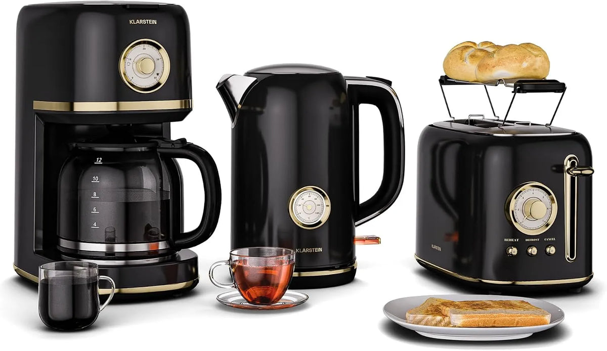 Klarstein grille-pain, 2 Fentes 7 Niveaux, Victoria Set Petit-Déjeuner Complet, Support à Petits Pains, Cafetière Filtre 12 Tasses, Design Rétro