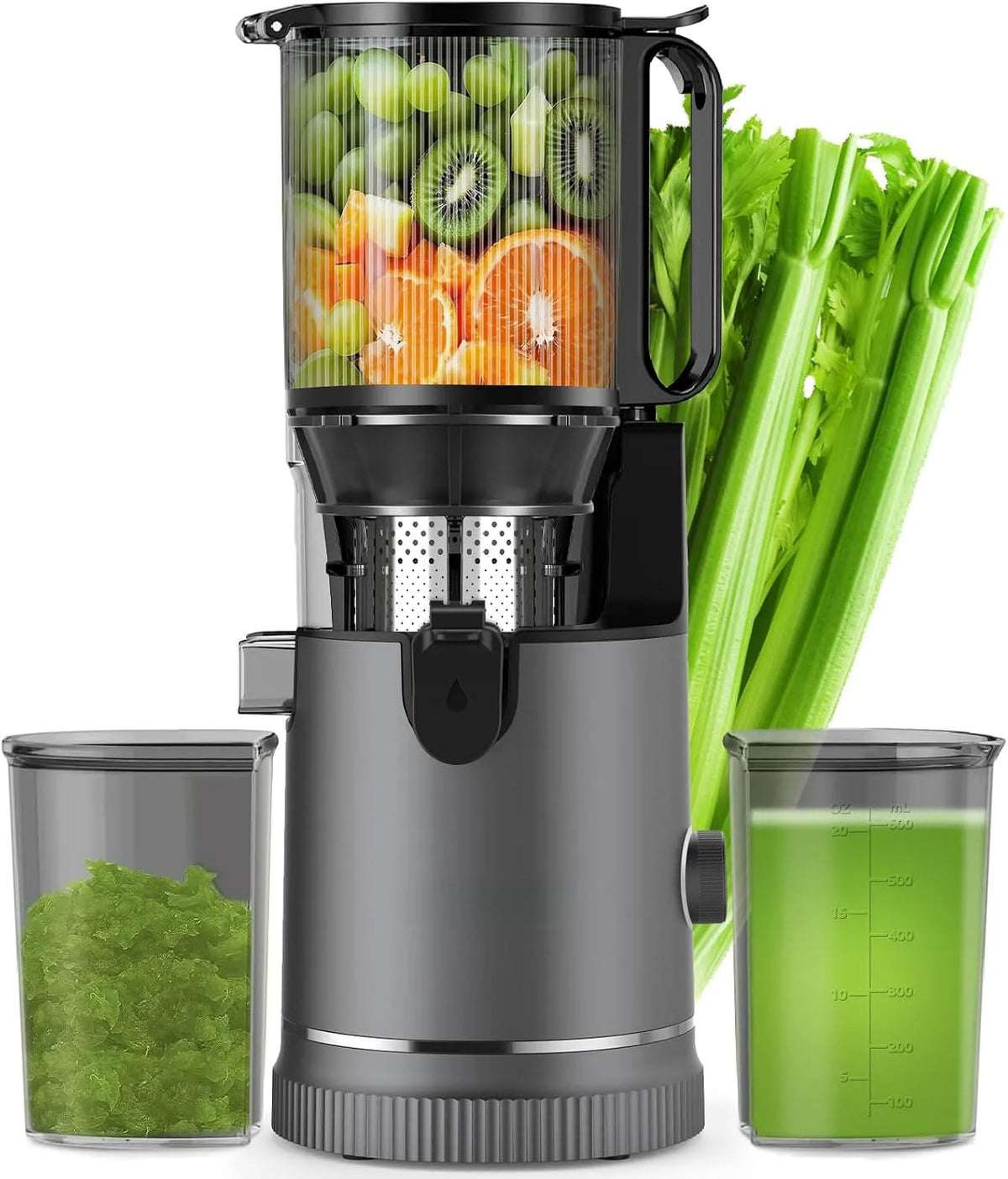 Extracteur de jus XL 147, Slow Juicer avec Goulotte mm et Moteur 400 W, Capacité 1,8 L avec 2 Verres, 147 mm, Pour Fruits et Légumes Entiers, Sans BPA