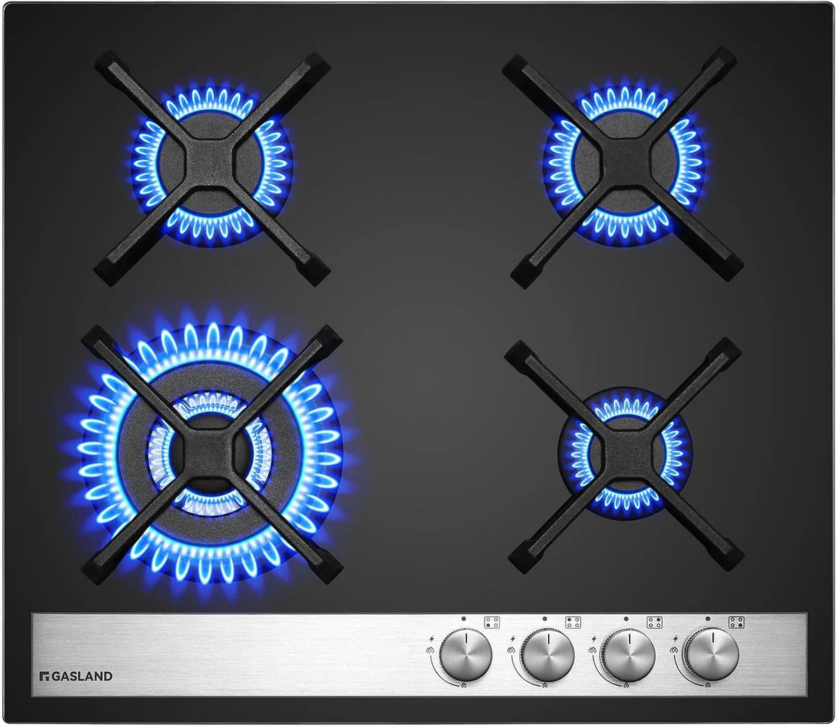 Plaque de cuisson GH6604BG1FC GASLAND, 4 feux, de cuisson à gaz en verre, compatible LPG, 60 cm en verre finition noire, Gaz naturel