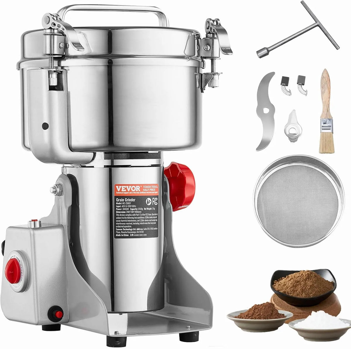 Vevor Moulin à Épices Électrique 2500 g, Broyeur à Grains Commercial 3400 W à Haute Vitesse, Moulin à Farine en Acier Inoxydable, Type Oscillant