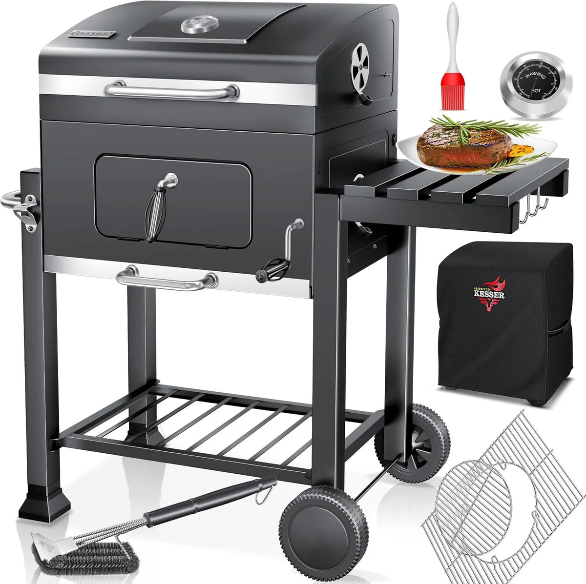 Kesser barbecue, housse et thermomètre au charbon de bois Chariot grand charbon, poignée en acier inoxydable, brosse, roues, grille