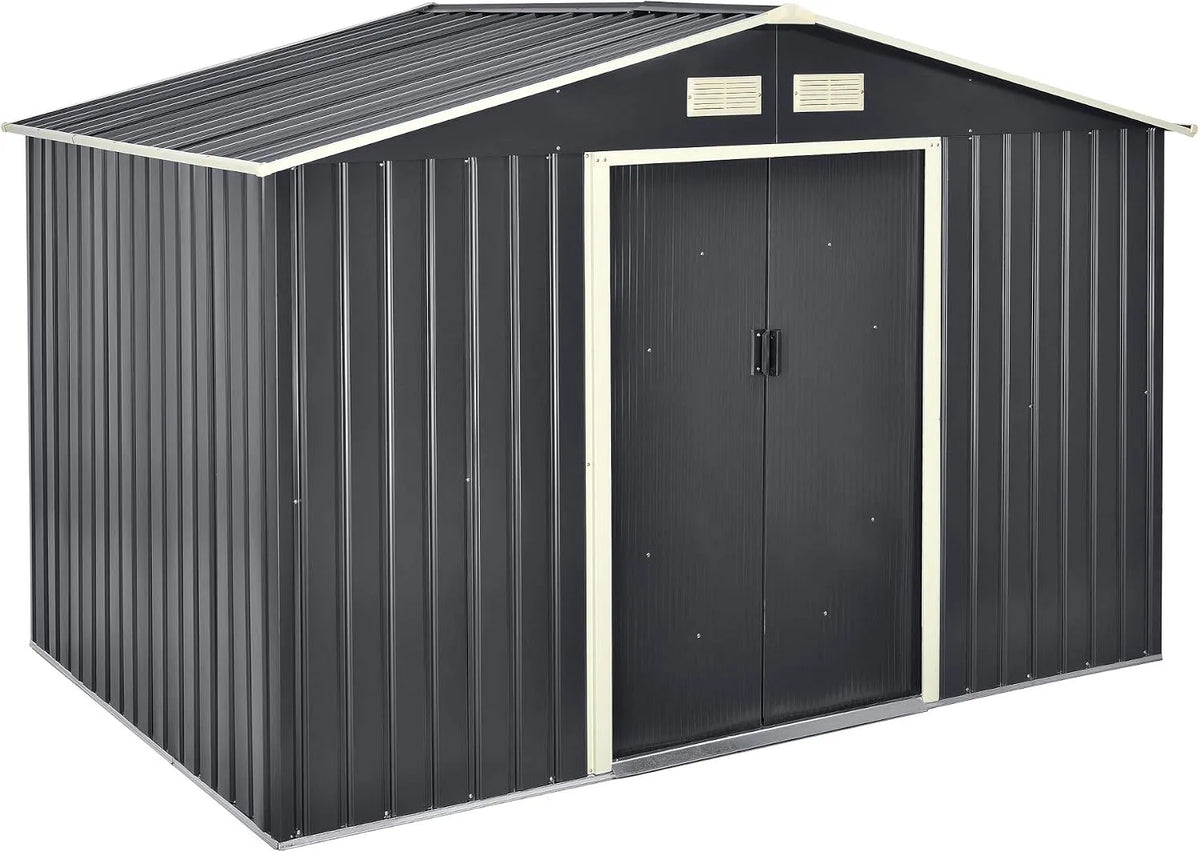 Abri de jardin, 9 m³ Robuste Cabane de Stockage Extérieur Cabane à Outils Toit à Pignon Tôles en Acier Galvanisées finition grise Foncé, en.casa