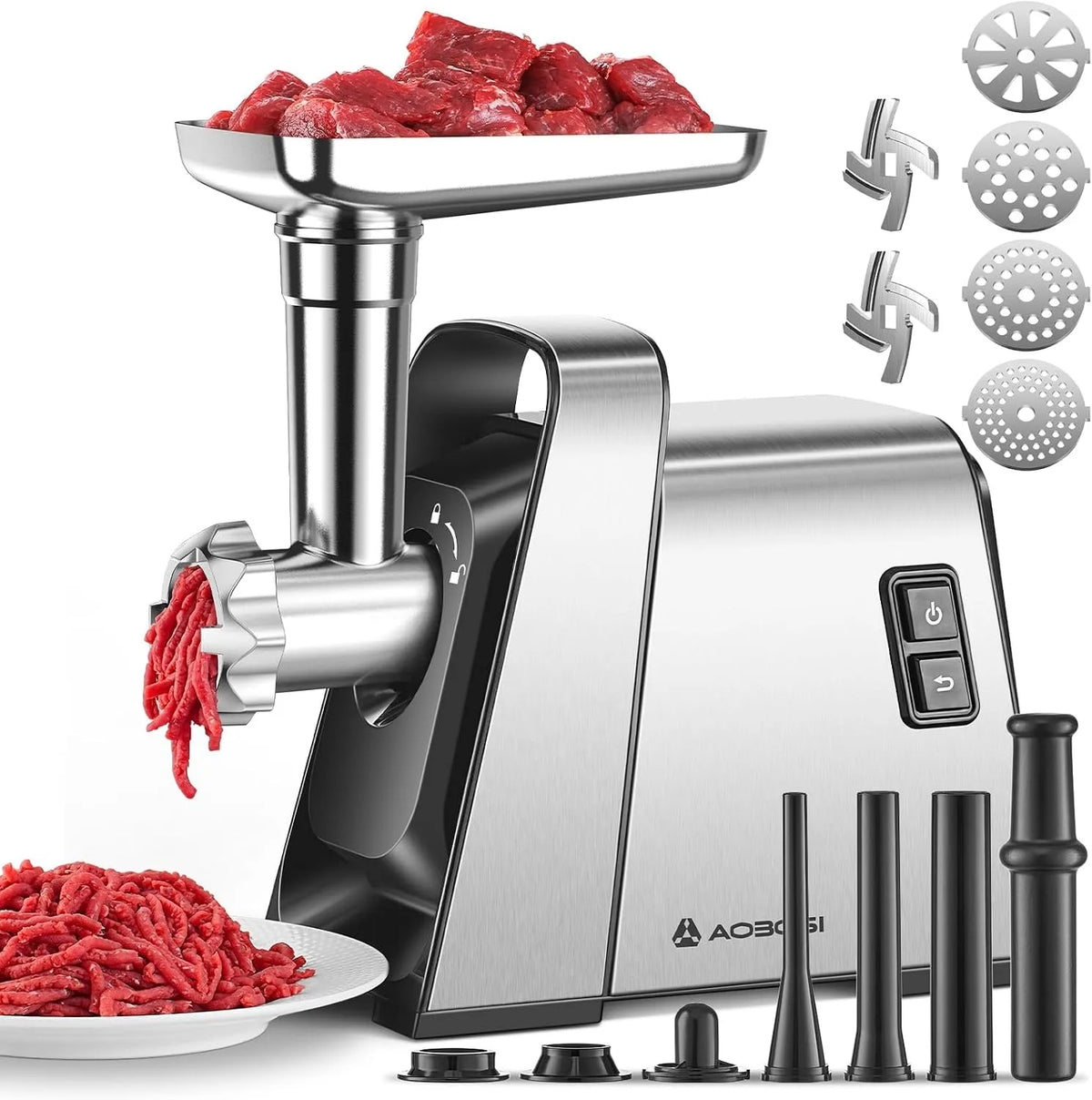 Viande AOBOSI 4-en-1 Hachoir à viande électrique Hachoir a, puissance 3000w Max, Hachoir avec 2 lames., moteur