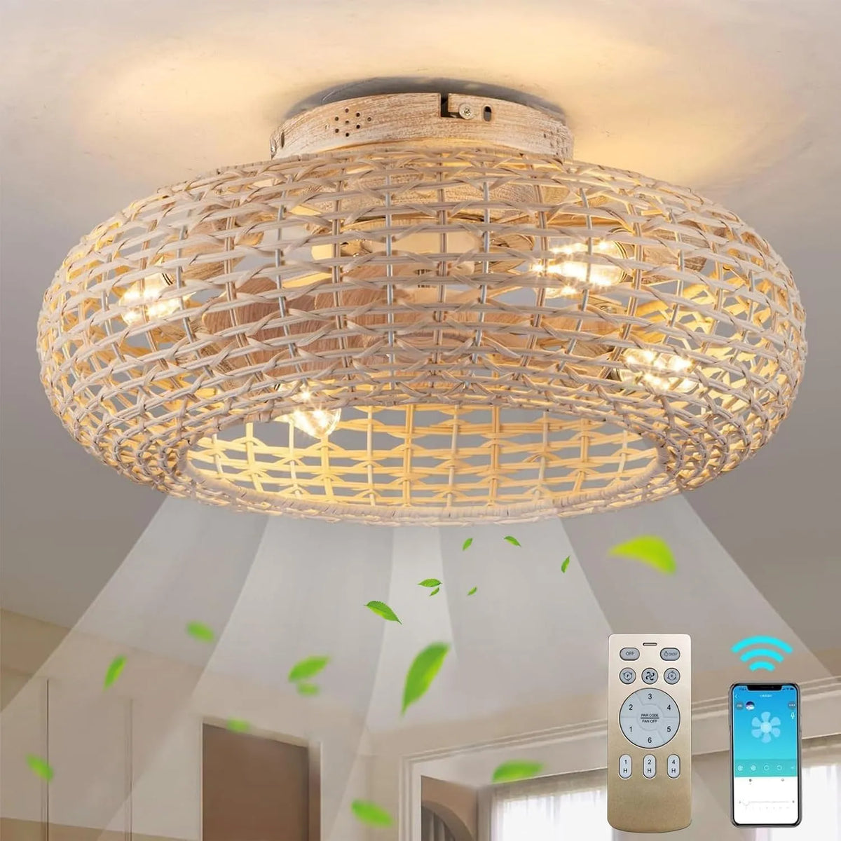 Ventilateur E27, Télécommande Silencieux 6 niveaux de vitesse De Vent Minuterie Pour Salon Chambre 50cm, De Plafond Avec Éclairage Rotin