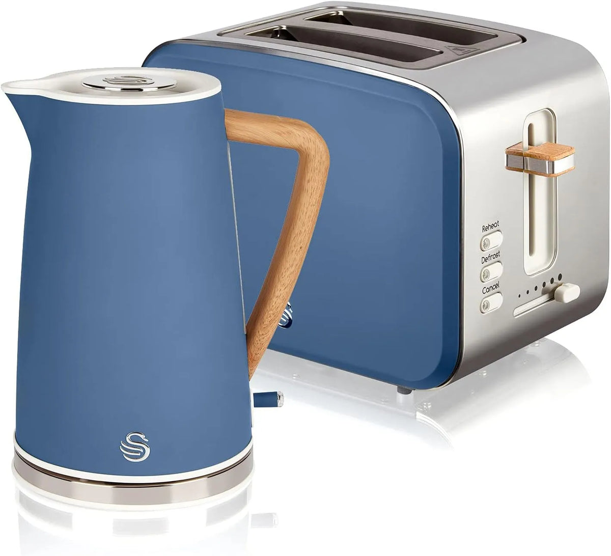 Bouilloire électrique, sans fil 1,7 L 2200 W Grille-pain à fente large 2 tranches 3 fonctions Design moderne Effet bois Bleu mat