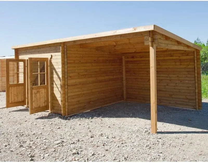 Abri de jardin, Bois Massif Traité 18m², 9m² Abri + 9m² Terrasse, Toit Plat, Couleur Marron, Kit de Montage Inclus