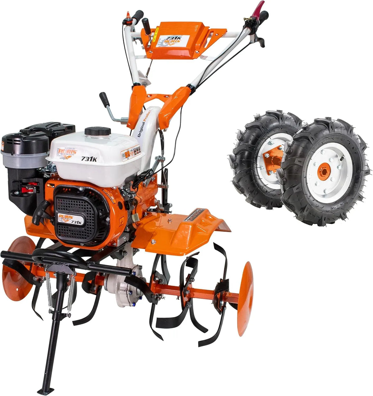 Motoculteur 731FR RURIS, Surface Traitée Allant Jusqu'à 1000 m², Largeur de Travail de 560-830 mm, Moteur General Engine de 8,5 CV, Orange