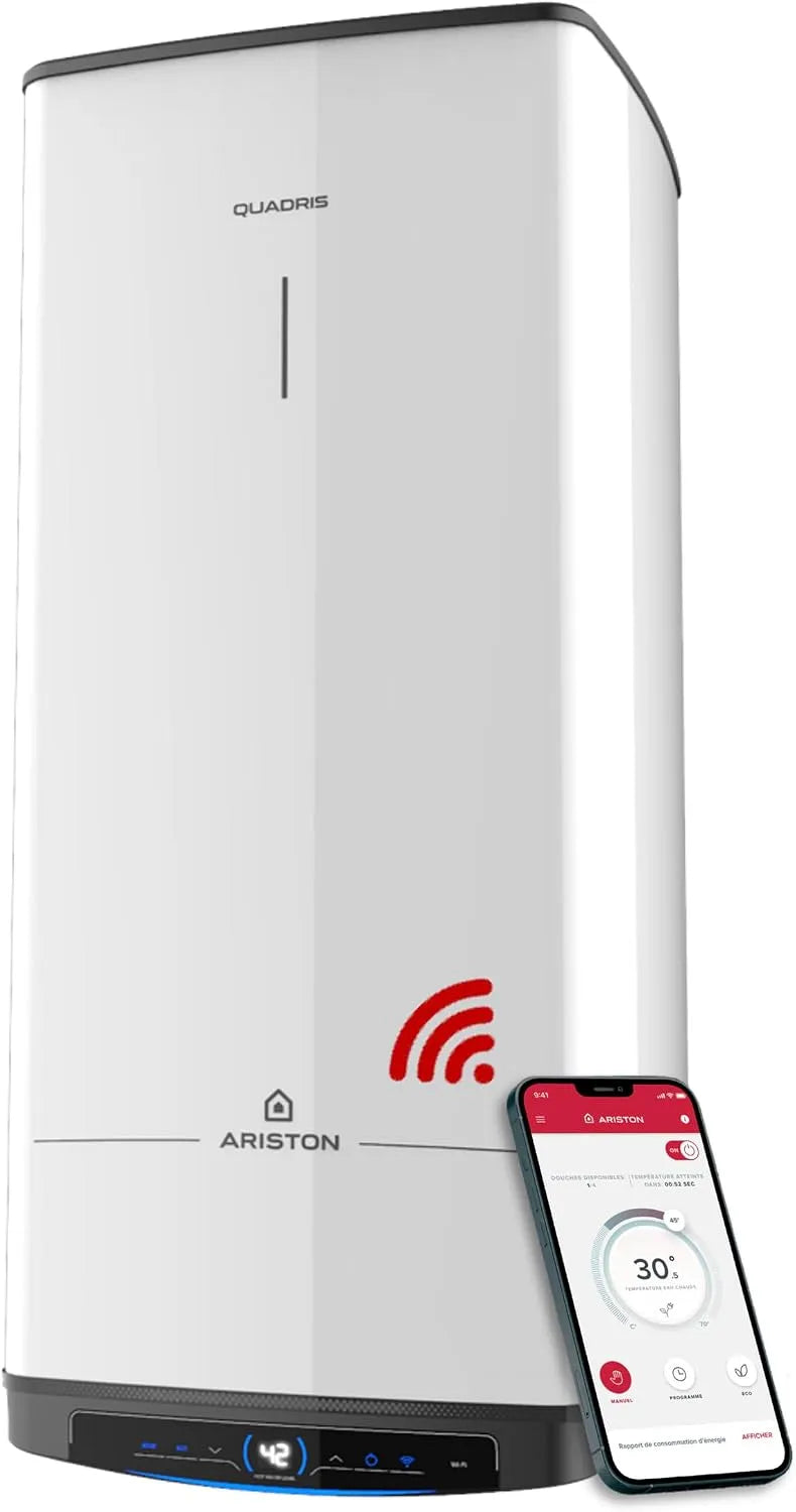 Ariston modèle, Quadris WiFi 150L 1m2, 25% d'Économie d'Énergie, capacité 150L, Chauffe Eau Électrique Compact, Intelligent, Connecté, Stéatite