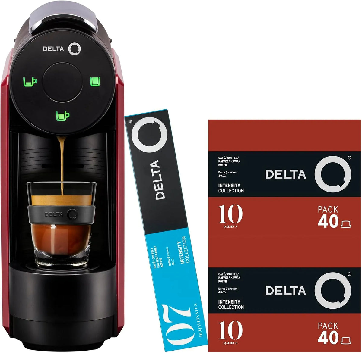 Machine à Capsules MiniQool Rouge Delta Q, Réservoir 0,6 L, 19 Bars de Pression, Inclus 2 x 40 Capsules Intensité 10 et 10 Capsules Décaféinées
