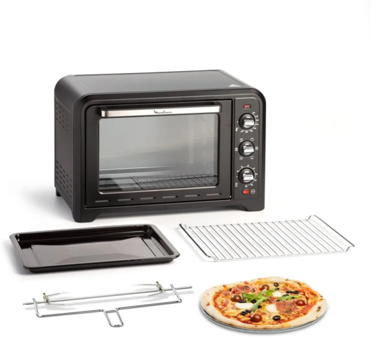 Moulinex four électrique OX485810, 7 modes de cuisson, Minuteur 120 min, Tournebroche, Optimo finition noire, capacité 39 L, Chaleur tournante