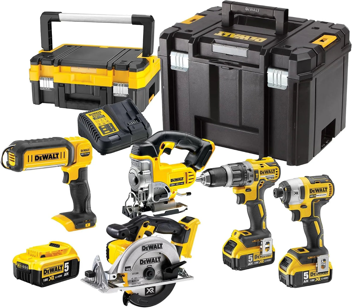 DeWalt perceuse DCK551P3T-QW, Pack 5 outils XR 18V, 1 -visseuse, 1 scie sauteuse, capacité 1 lampe LED, 3 batteries 5Ah, 1 chargeur et 2 c ts TSTAK