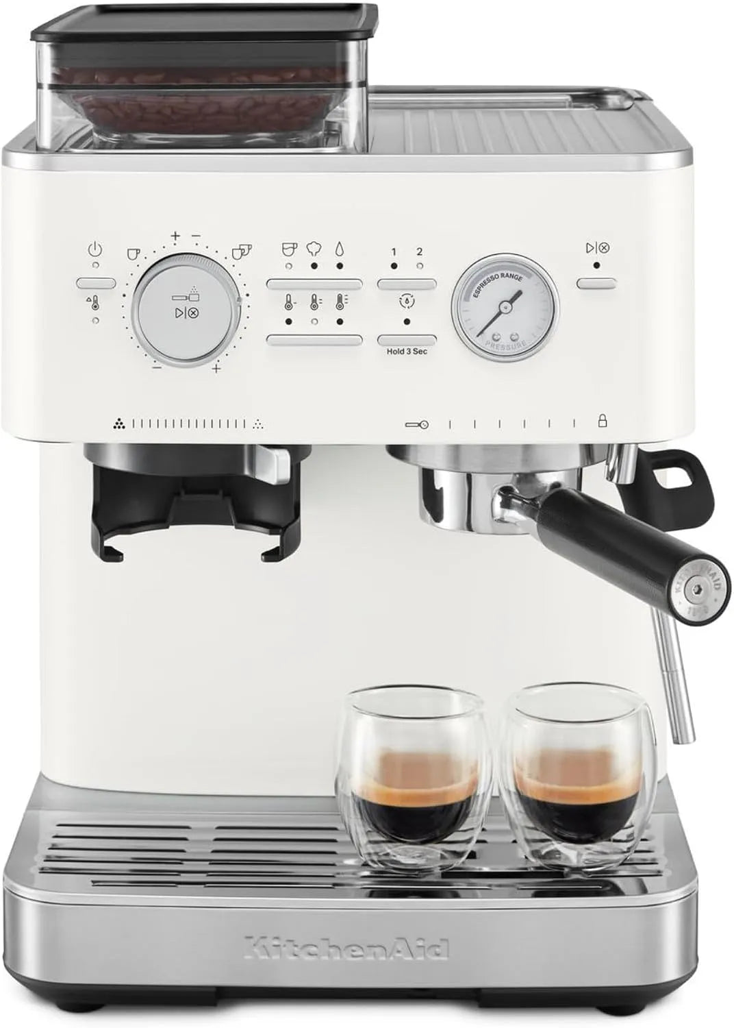 KitchenAid machine expresso, pot à lait 355 ml, Machine a Café Grain, et Cappuccino avec broyeur à café conique intégré, finition blanche