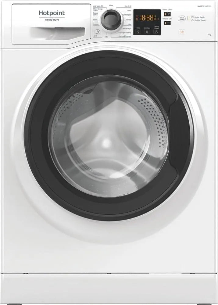 Hotpoint lave-linge NS8489WKFR, Capacité 8kg, Classe Énergétique A, Écran Digital, finition blanche, H 85 x L 59,5 x P 60,5 cm, Essorage 1400 tr/min
