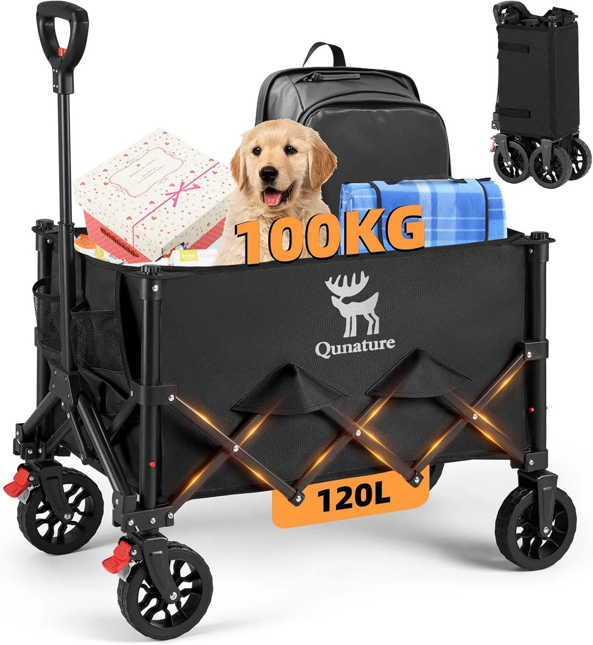 Chariot à, Poignée Réglable et Cadre en Acier Carbone, pour Jardin, Plage, Camping, Transport Extérieur, finition noire
