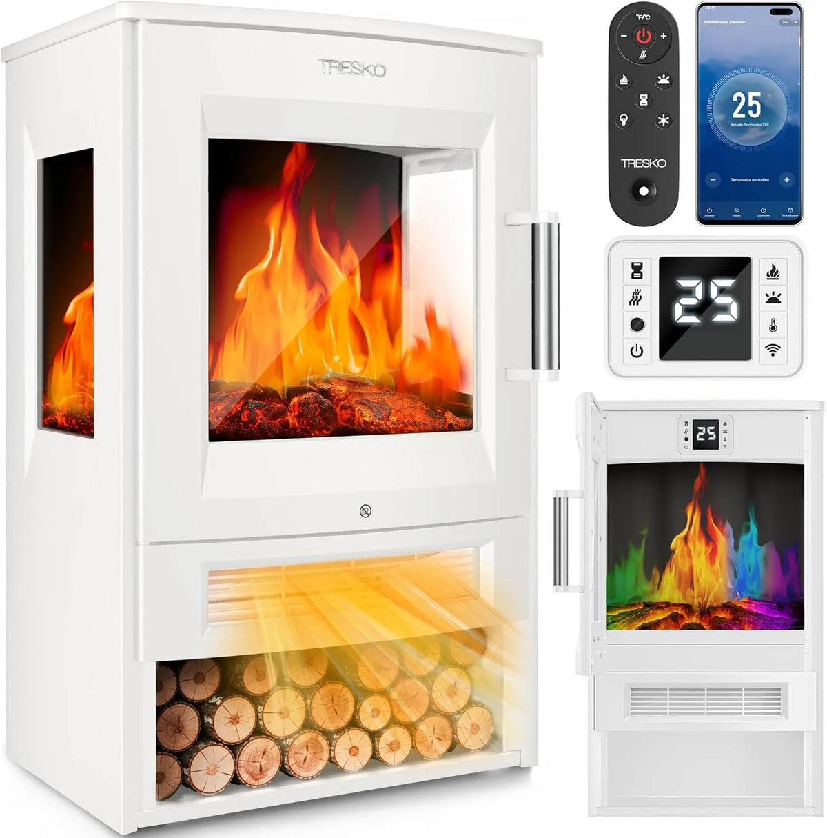Cheminée électrique TRESKO, Maison Intelligente WiFi App & télécommande, Foyer électrique + Thermostat, finition blanche, puissance 1800W