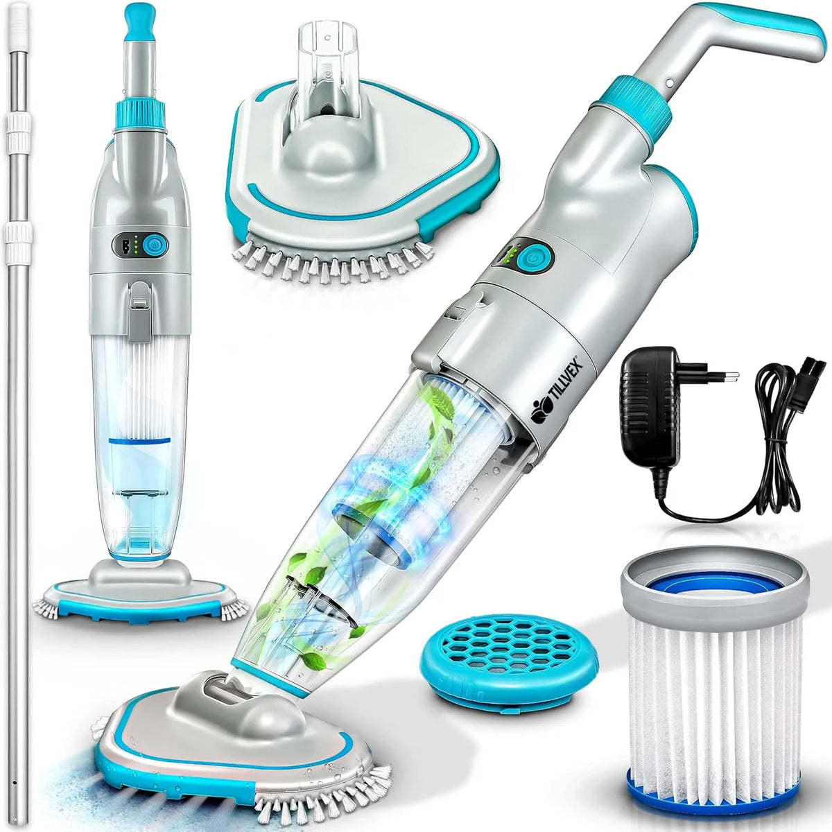 Aspirateur tillvex, Jusqu'à 15 m³, de Piscine avec Batterie, Nettoyeur de Piscine, avec Manche télescopique de 3,60 m, capacité 15000 litres, Bleu