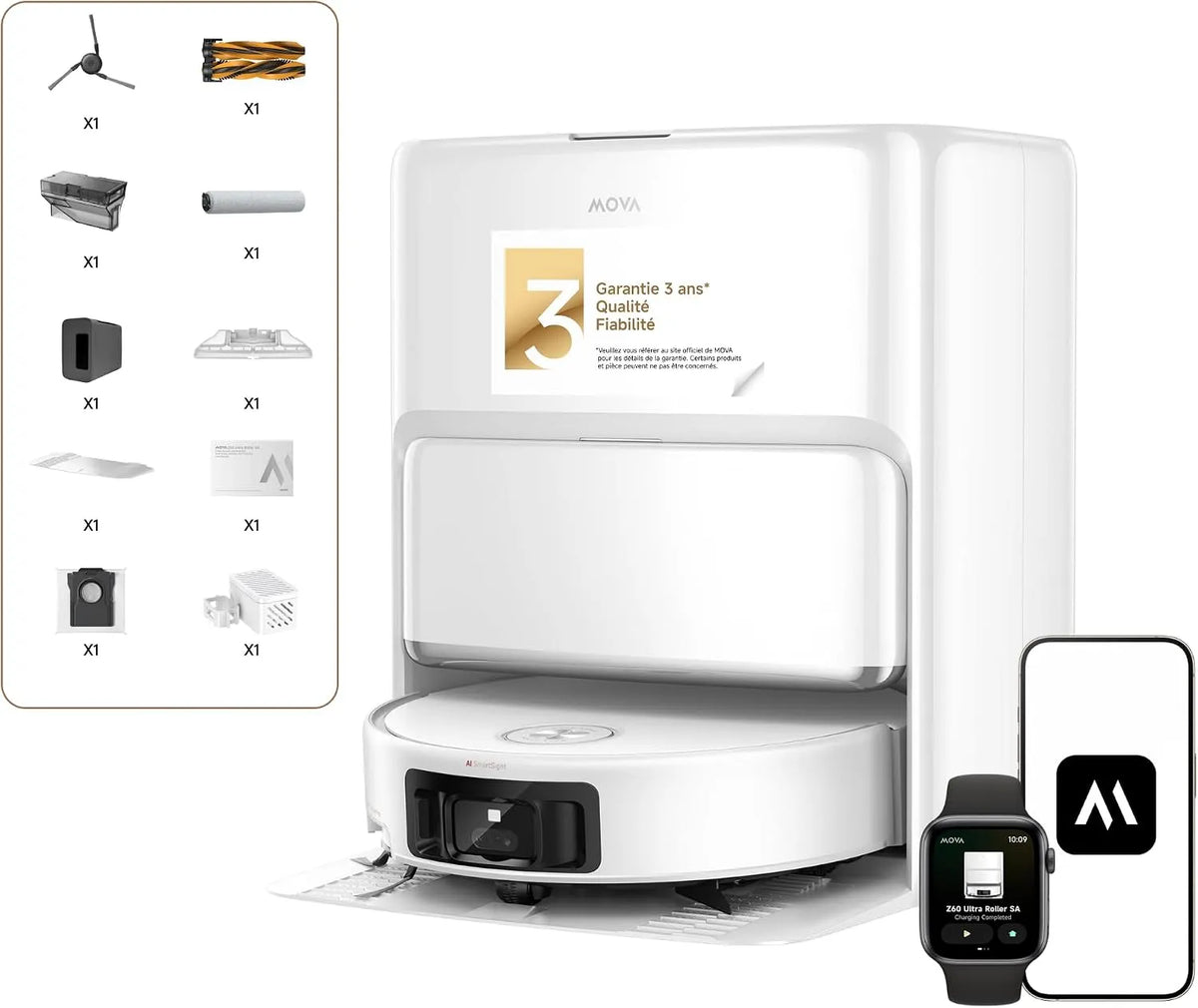 Aspirateur robot Z60, Lavage HydroForce, Radar FlexScope, Triple mécanisme Anti Noeuds, Mova Ultra Roller Standalone Aspiration 26 000 Pa