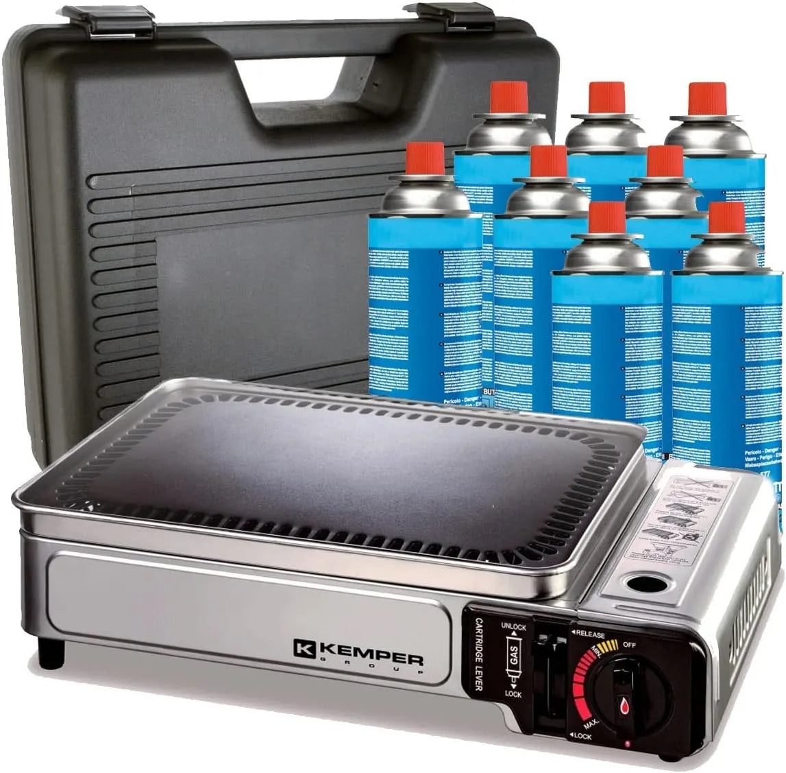 Barbecue, Plancha à gaz portable 2300W + 8 cartouches de gaz + Valise de transport Cuisson extérieure Camping Terrasse, KEMPER