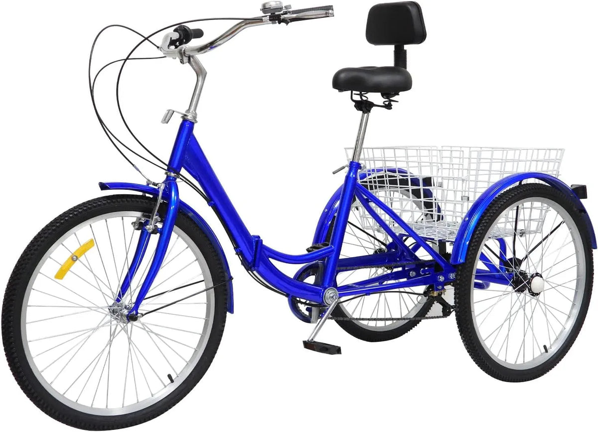 Vélo, 24 pouces, 3 roues, avec panier à provisions, personnes âgées et femmes, bleu, 7 niveaux de vitesse, 7 niveaux de vitesse