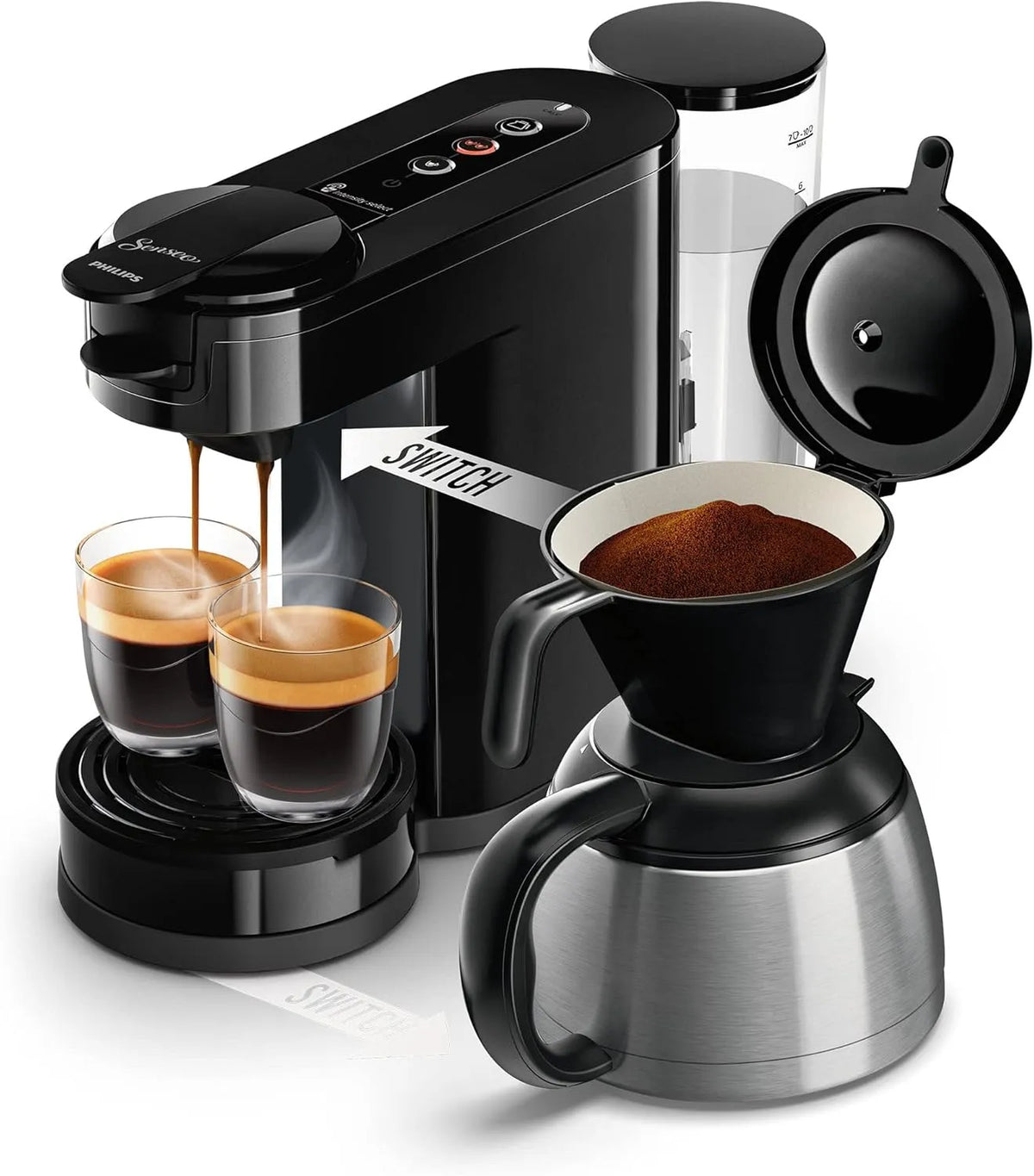 Philips cafetière HD6592/64, réservoir d'eau de 1 litre, goutte à goutte et dosettes, finition noire, Domestic Appliances SENSEO Switch 2 en 1