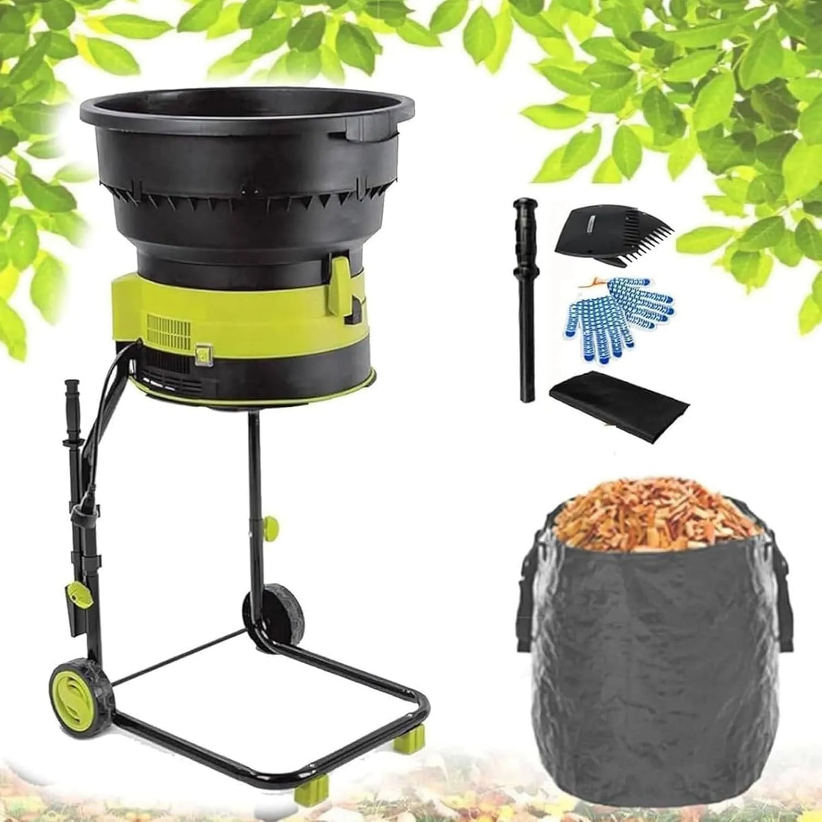 Broyeur de feuilles, capacité de coupe de 25 mm, Déchiqueteuse électrique de jardin monté sur roues et sac de rangement, puissant