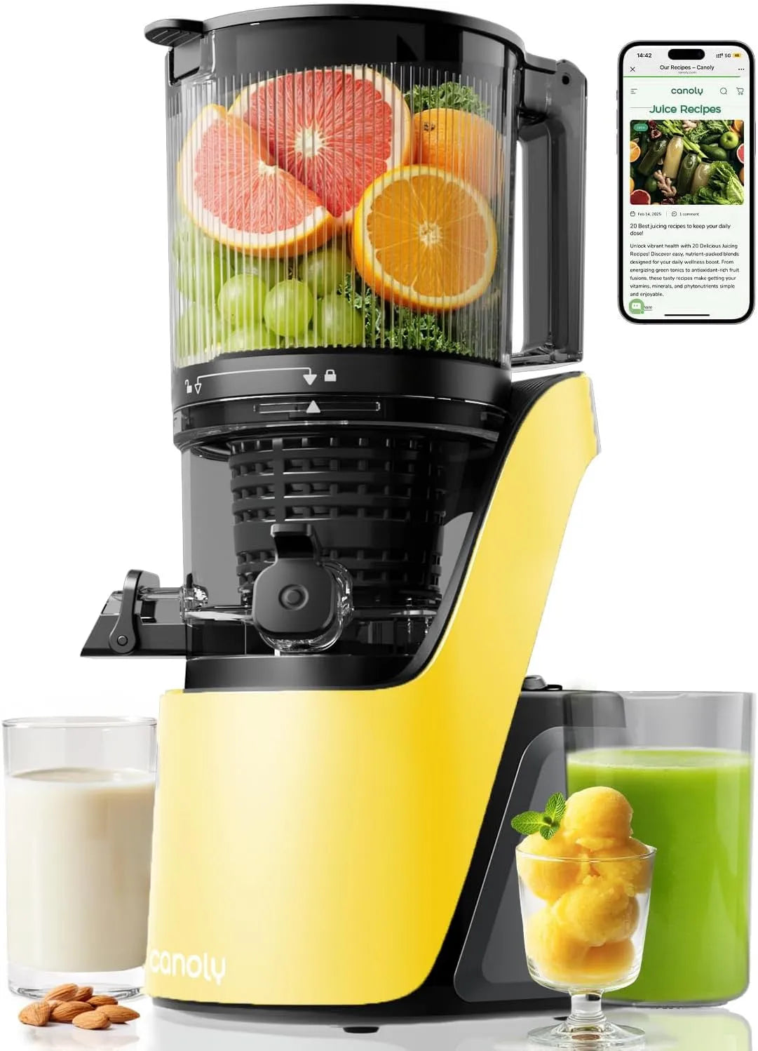 Extracteur de jus Canoly, 150 mm, et Tamis 3-en-1 pour Jus, avec Extra Large Goulot, Sorbets et Lait Végétal, Légumes Entiers, Sans BPA