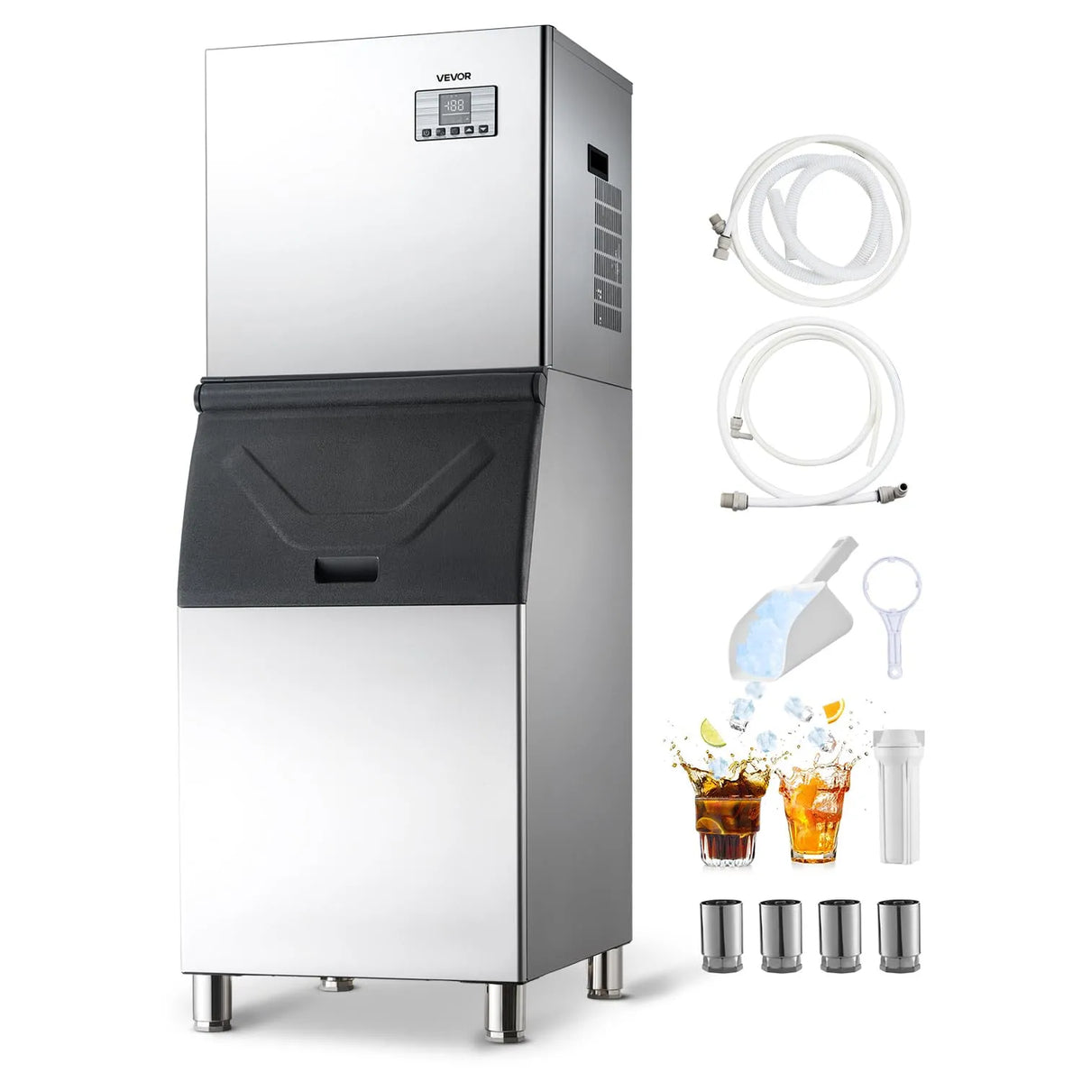 Vevor machine à glaçons kg/24, 24 h, Rendement 250 kg, avec Bac de Stockage en Acier Inoxydable de 136 kg et Écran Tactile, pour Bar, Café, Restaurant