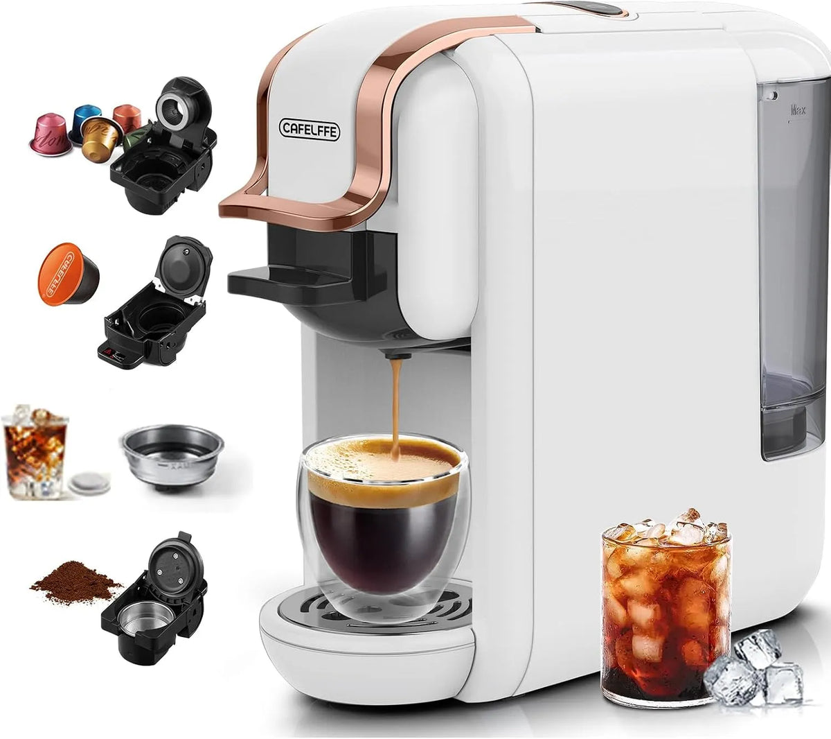 Machine à café MK-603 Cafelffe, froid 19 bars, Machine à expresso chaud, DG, finition blanche, multi-capsules 4-en-1 pour une seule portion, ESE