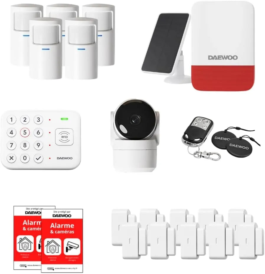 Daewoo modèle, 10 Contacteurs + 5 Détecteurs de Mouvement VIG105, Security, Pack Alarme Connectée WiFi, Kit Complet sans Abonnement, Sirène Solaire