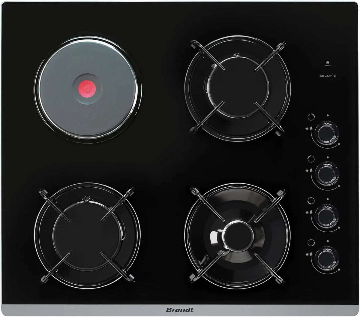 Plaque de cuisson BPG6413BM 6200 Brandt, puissance 1500W Electrique et Gaz, Table de Cuisson, 4 Foyers, Sécurité Gaz par Thermocouple, finition noire