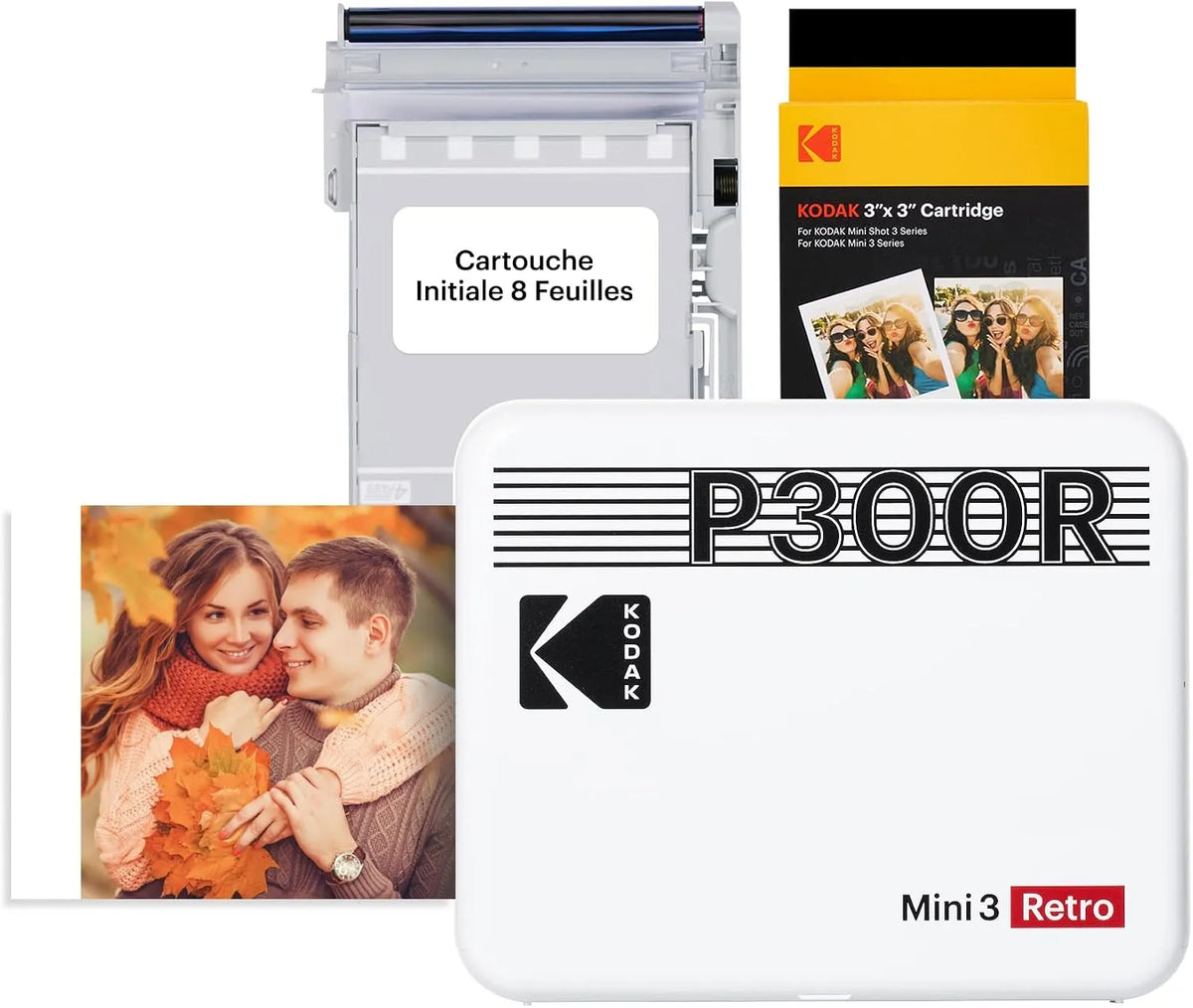 Imprimante 4PASS, Kodak Mini 3 Retro Photo Portable, dimensions 7,6x7,6cm, Paquet avec 38 Feuilles, finition blanche