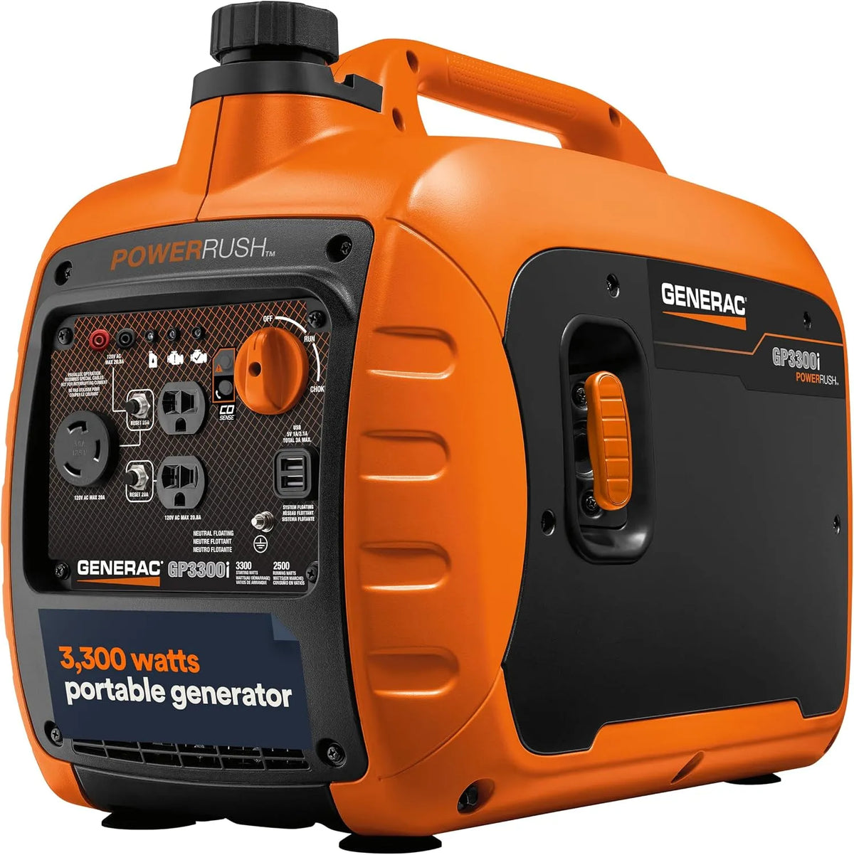 Générateur électrique 7153 GP3300i Generac, d'onduleur portable de 3 300 W avec gaz, Design léger, Ports USB pour chargement d'appareils mobiles