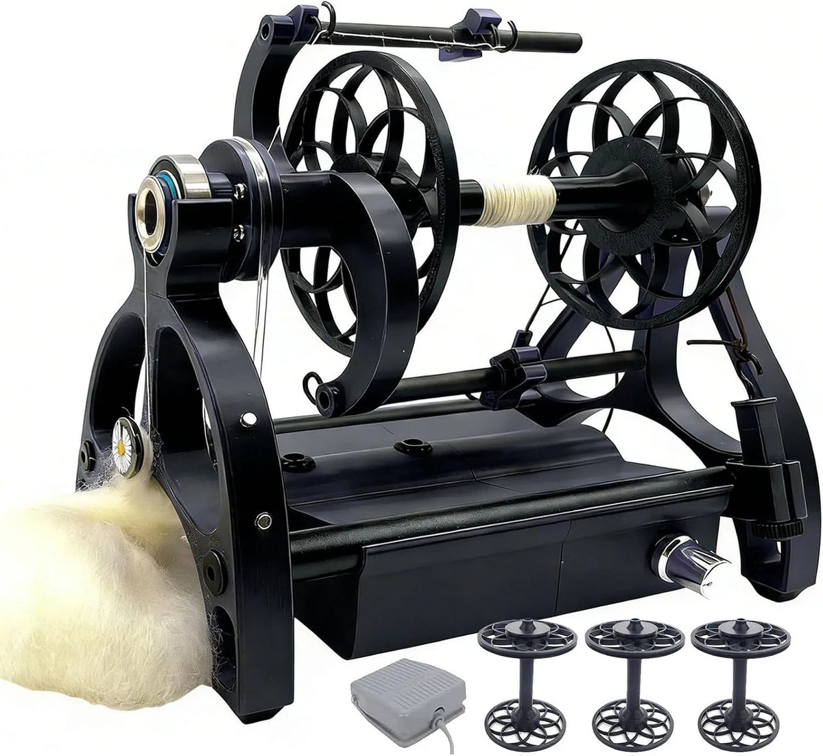 Électrique avec interrupteur à pied Roue rotative, vitesse réglable et carte de batterie 12 V, capacité de 120 g, 3 bobines incluses, avant, arrière