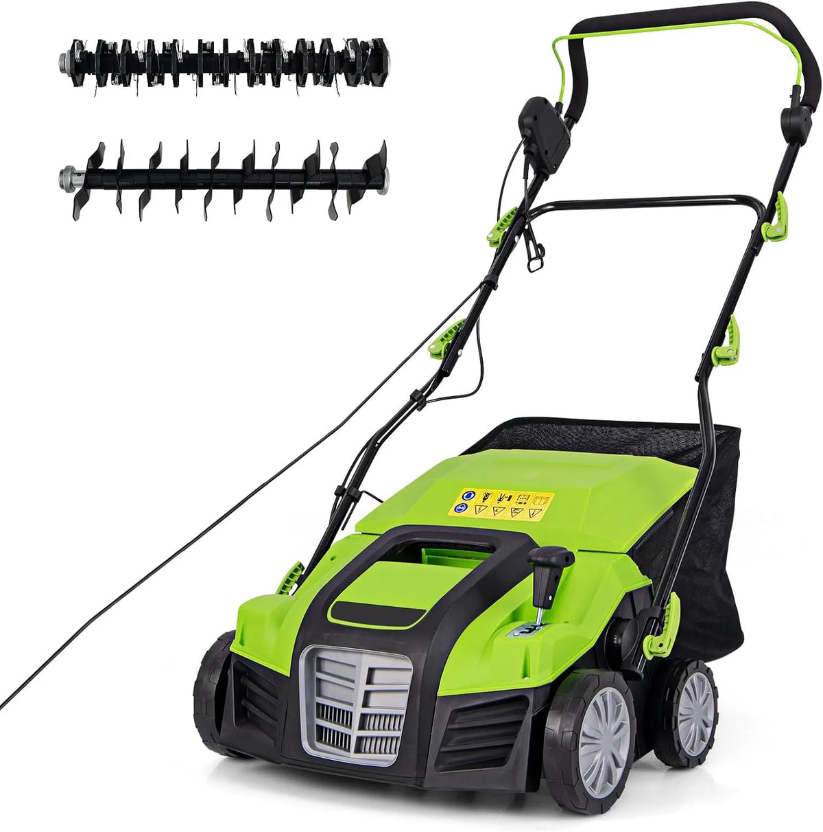 Goplus 2 en 1 Déchaumeuse Scarificateur Electrique 2000W, Largeur de Travail 40cm, 5 Profondeurs Réglables, Sac 55L Amovible, Vert, 3500rpm